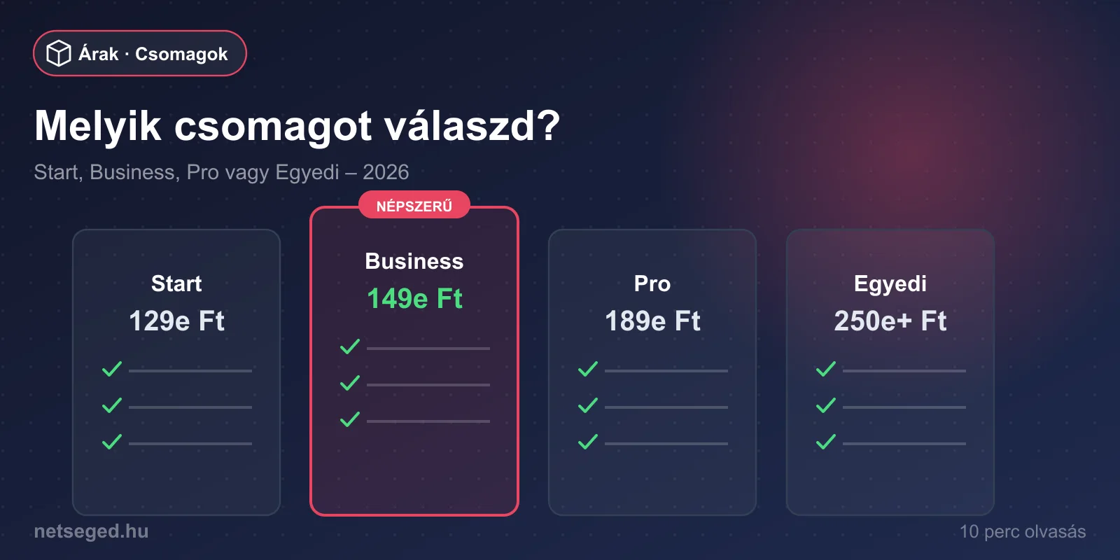 Start, Business, Pro vagy Egyedi csomag összehasonlítás
